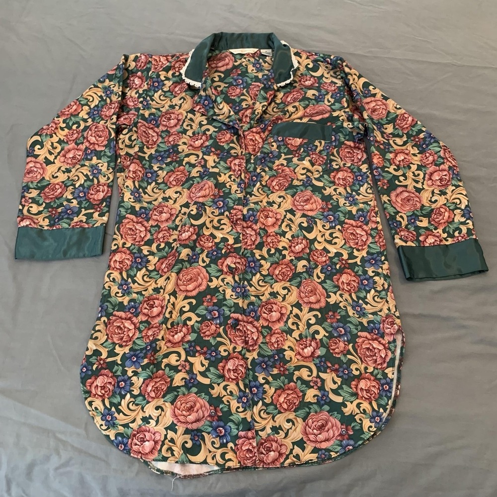 Private Luxuries Sleepshirt Womens Medium Green Rose Floral Long Sleeve Sexy